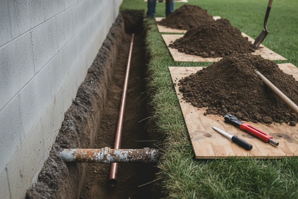 Excavated water line trench during Water Softener Installation in Nampa